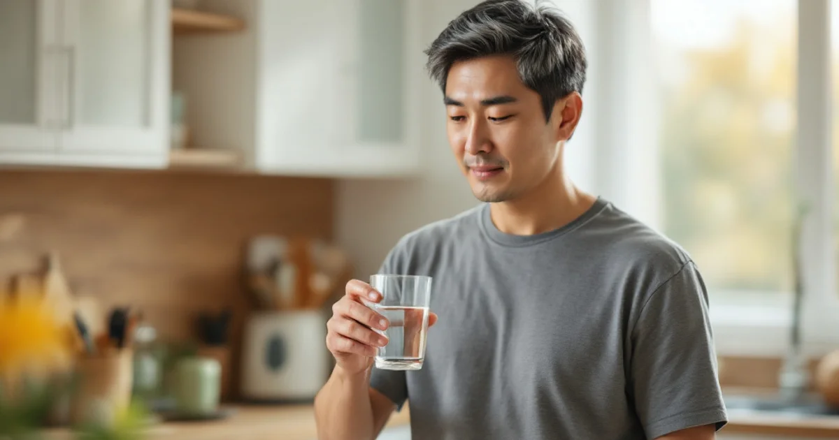 明るい朝のキッチンで、水の入ったグラスを手に静かに視線を落とす40代後半の男性