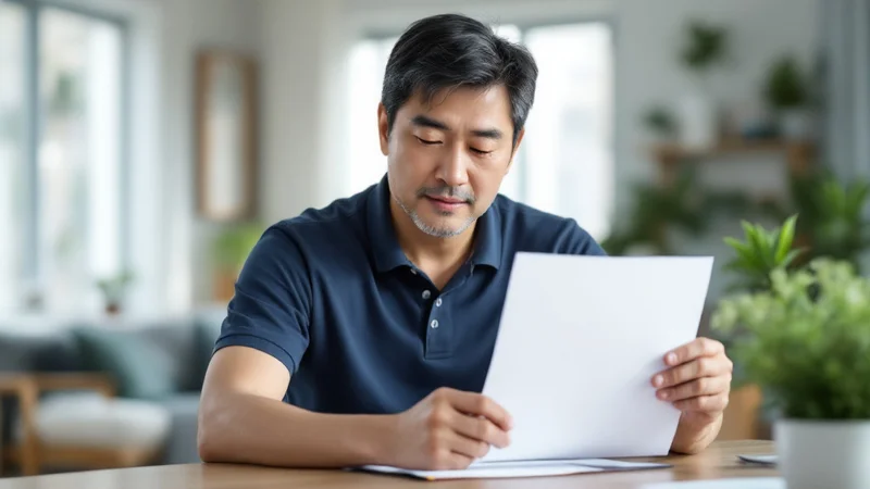 リビングのテーブルで健診の結果票を手に取り、真剣な表情で読み込む40代後半の男性