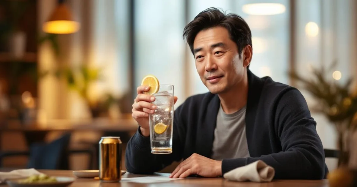 ダイニングテーブルでグラスに注がれた炭酸水を口にする40代後半の日本人男性。隣には未開封のビール缶が置かれているが手は伸ばしていない