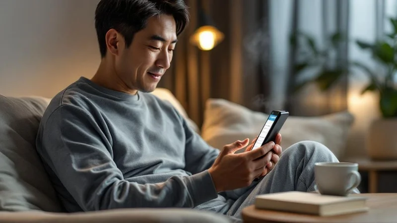 スマートフォンのカレンダーアプリに休肝日マークを入力する40代後半の日本人男性。テーブルには冷えた緑茶と読みかけの本が置かれている
