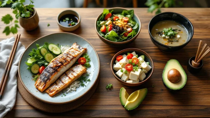 ダイニングテーブルに並ぶ低糖質な食卓（焼き魚・葉物野菜サラダ・豆腐料理）