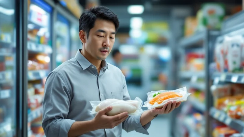 コンビニの冷蔵棚の前で、鮭のおにぎりとプレーン味のサラダチキンを見比べる40代のビジネスマン