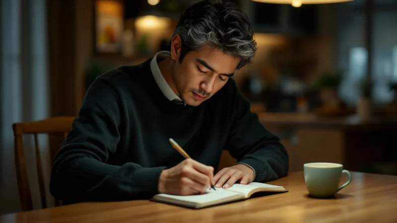 夜のダイニングテーブルで、緑茶のマグカップを横に置きノートにその日の食事内容を書き留める40代の日本人男性