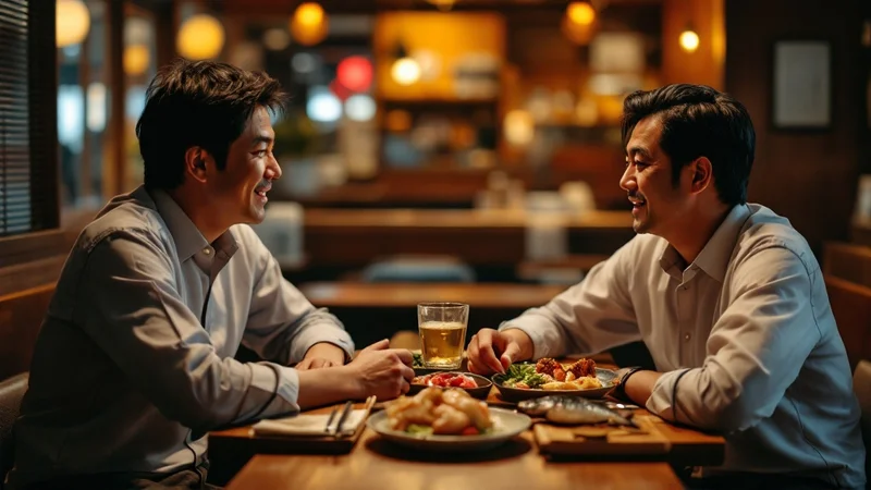 居酒屋のテーブルで刺身・塩の焼き鳥・焼き魚とハイボールを前に向かい合って話す40代の日本人男性2人