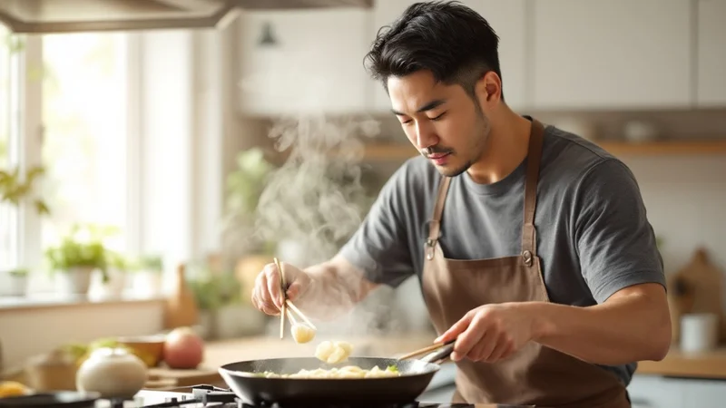 キッチンのコンロで、油で炒めたにんにくのスライスを菜箸でフライパンから取り出す40代の日本人男性