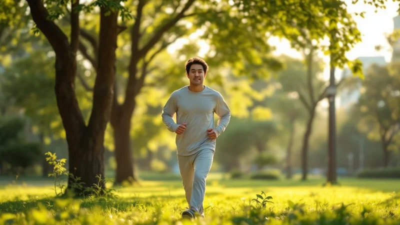 朝の公園で木漏れ日の中をジョギングする40〜50代の日本人男性