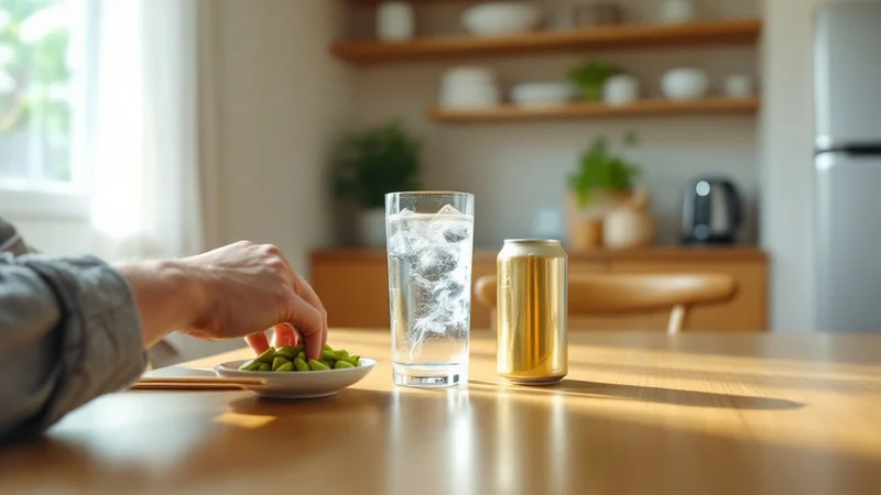 自宅のダイニングテーブルで、缶を脇に置いたまま炭酸水のグラスに手を伸ばし枝豆をつまむ40代男性の手元