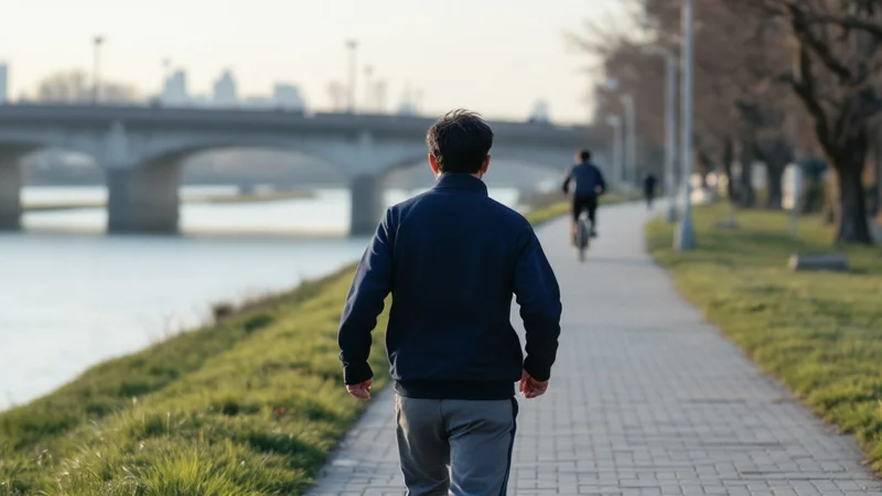夕方の川沿いの遊歩道を、やや速い足取りで歩いている40代男性の後ろ姿と対岸の橋