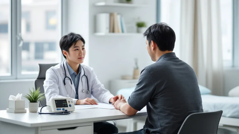 明るい診察室で、医師と向かい合って健診の脂質の数値について説明を受けている40代男性の後ろ姿