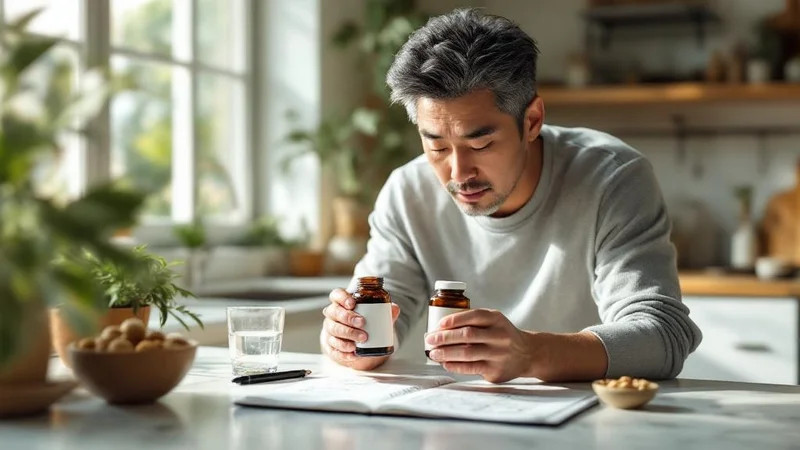 明るいキッチンのテーブルで2本のマグネシウムサプリを見比べ、ノートにメモを取る40〜50代の男性