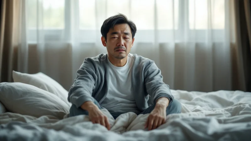 眠りが浅く疲れが取れないまま、朝ベッドの端に座る40代後半の男性