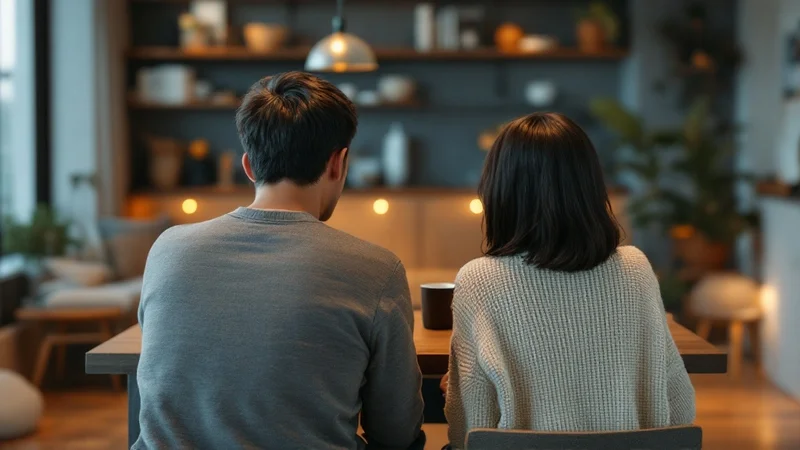 夕方のダイニングテーブルで並んで座り、落ち着いて話す夫婦の後ろ姿
