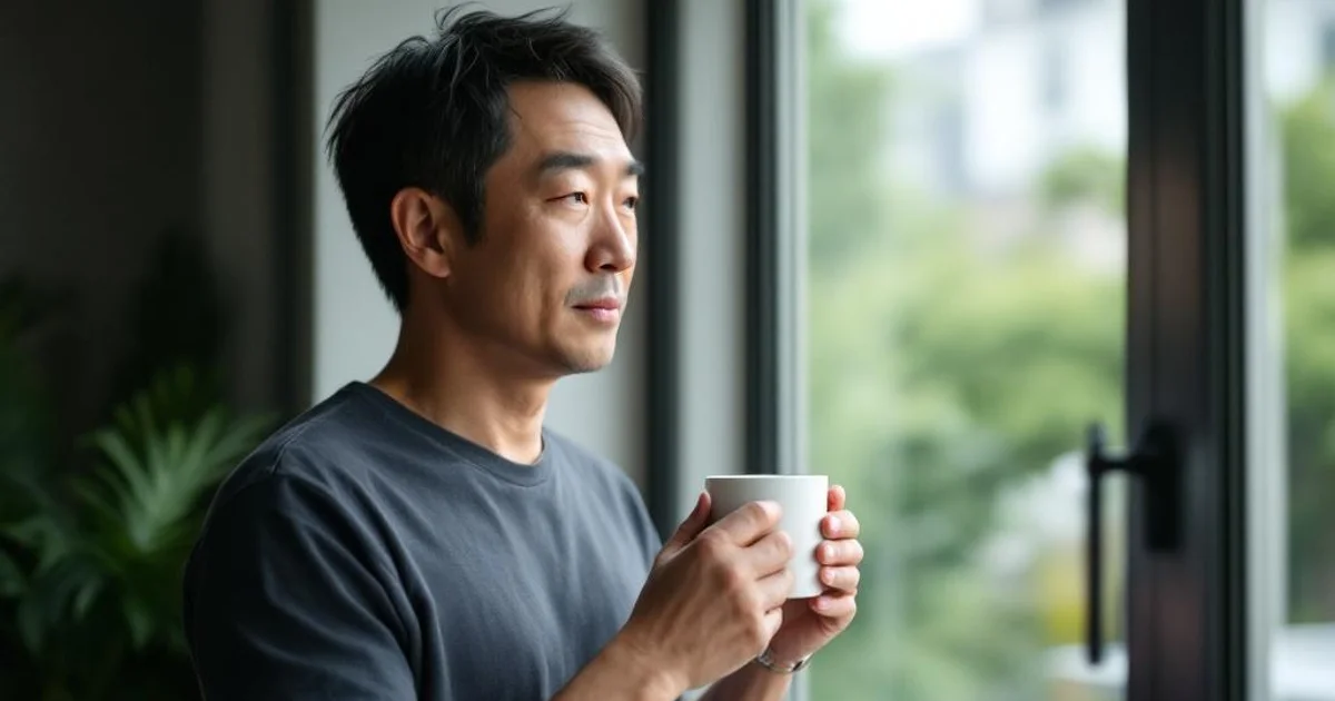 窓辺でマグカップを両手で持ち、外を静かに眺める40代男性。男性更年期による疲労感・意欲低下のイメージ
