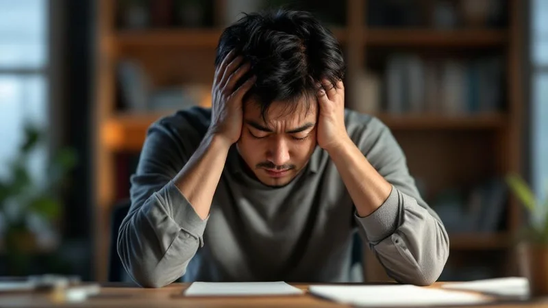 デスクで頭を抱えて疲弊した様子の40代男性。慢性的な疲労と気力低下のイメージ
