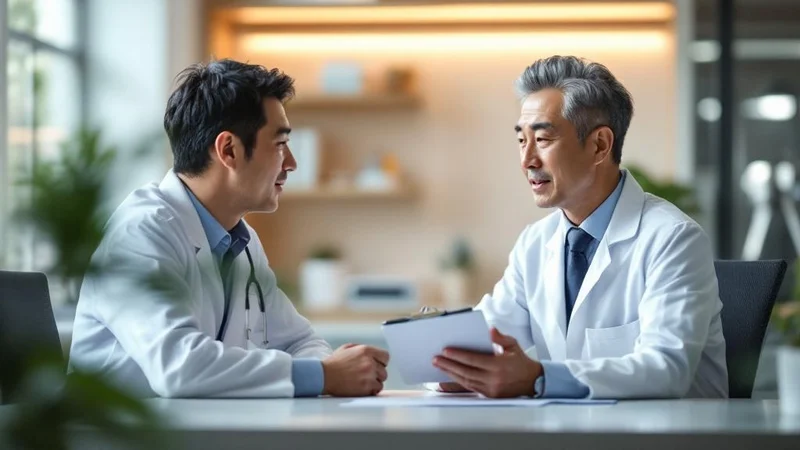 クリニックの診察室で医師と向き合い相談している40代男性。泌尿器科受診のイメージ