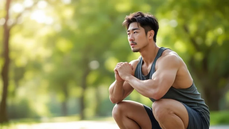 公園の屋外でスクワットをしている40代男性。テストステロン維持に効果的な筋トレのイメージ