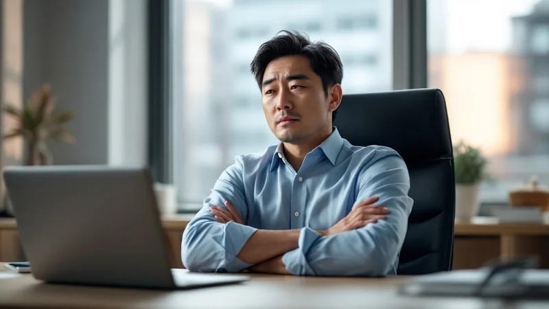オフィスのデスクでノートパソコンを前に腕を組み、疲れた表情で椅子にもたれている40代半ばの日本人男性