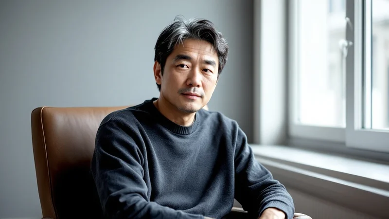 窓際の椅子に腰かけ、明るい自然光の中でこちらを静かに見ている40代後半の日本人男性の上半身