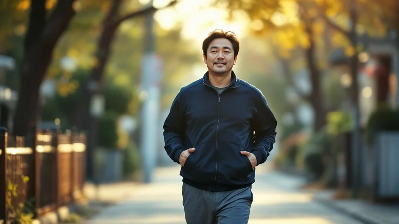 朝日が差す住宅街の歩道を、紺色のジャケット姿でウォーキングしている40代半ばの日本人男性