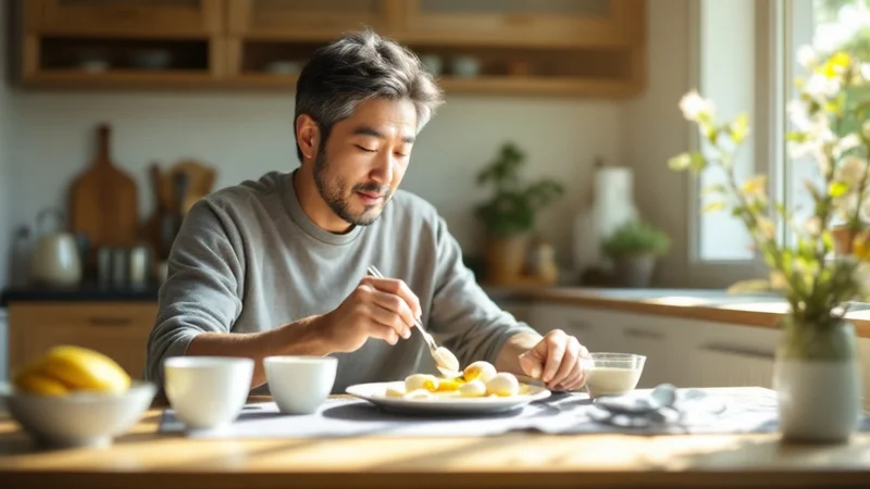 40〜50代の日本人男性が明るいキッチンのテーブルでゆで卵・バナナ・ヨーグルトの健康的な朝食を食べているシーン