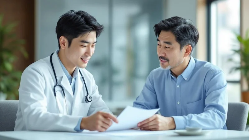 メンズヘルス外来で医師に検査結果を説明される40代の日本人男性