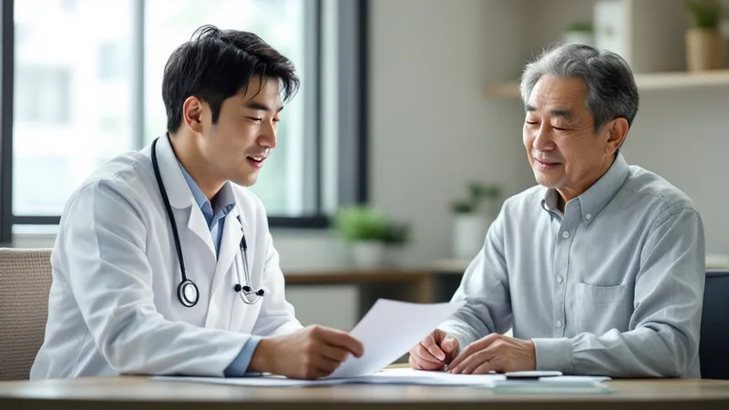 クリニックで医師（白衣）に血液検査の結果と治療の流れを説明される日本人男性患者