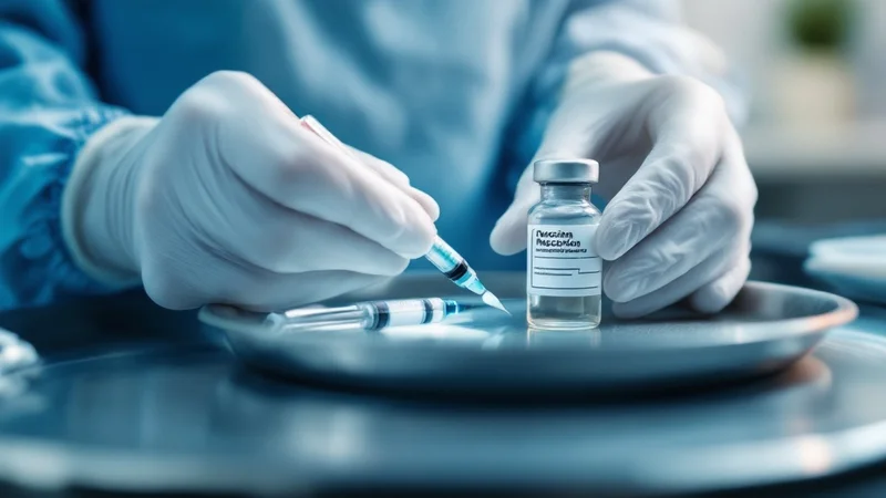 医師の管理のもとクリニックで準備されるテストステロン補充療法の薬剤と注射器