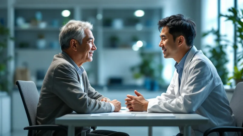 心療内科で医師に相談する40代の日本人男性。落ち着いた診察室で専門家に体の不調を話している様子