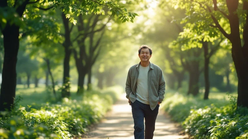 公園の緑の中を穏やかに歩く40代の日本人男性。うつからの回復期のセルフケアと自然の中でのリフレッシュのイメージ