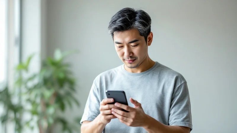 明るい部屋でスマートフォンを両手に持ち、撮影したばかりの自分の写真を確認している40代の日本人男性