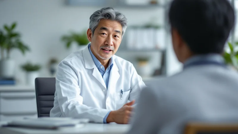 明るい診察室で、白衣の医師が患者に向かって穏やかに説明している場面