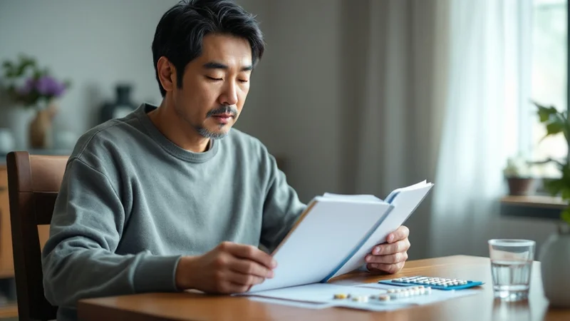 自宅のテーブルでお薬手帳を開き、手前に置いた錠剤シートと見比べて確認している40代の日本人男性