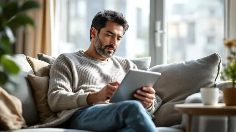 自宅のリビングでタブレットを手にセルフチェックに記入する50代の日本人男性