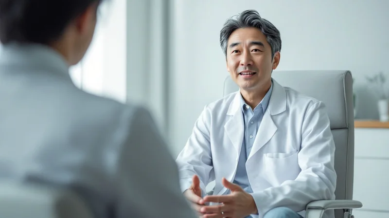 診察室の椅子に座り、患者に向かって穏やかな表情で説明する40代の男性医師