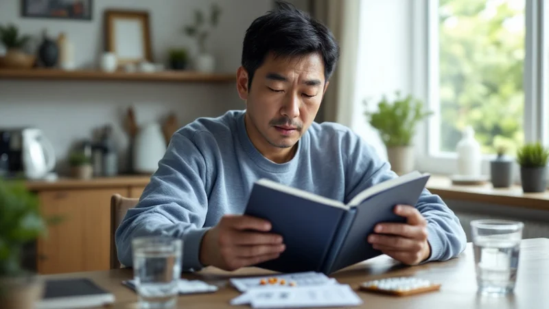 ダイニングテーブルで手帳を開いて確認する40代の日本人男性。テーブルには錠剤のシートと水のグラスが置かれている
