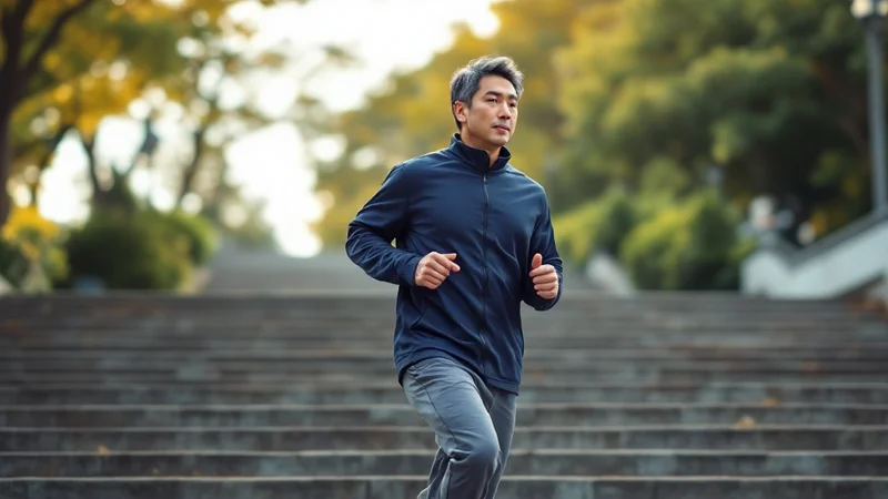 朝の公園で、階段を早歩きで上っていく40代の日本人男性