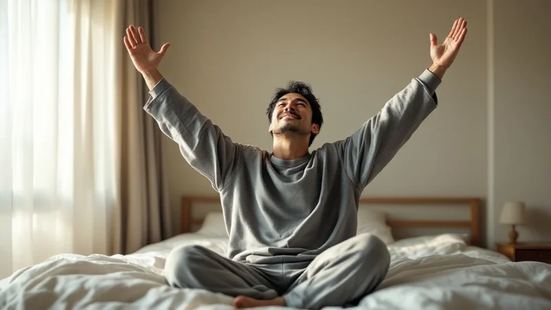 朝の寝室でベッドに座り、両腕を大きく広げて伸びをする40代の日本人男性