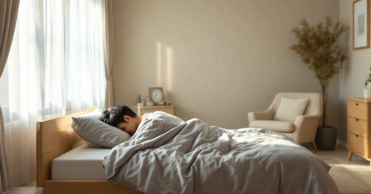 朝の光が差し込む明るい寝室のベッドに横になっている40代男性と、文字盤を背けて置かれた時計
