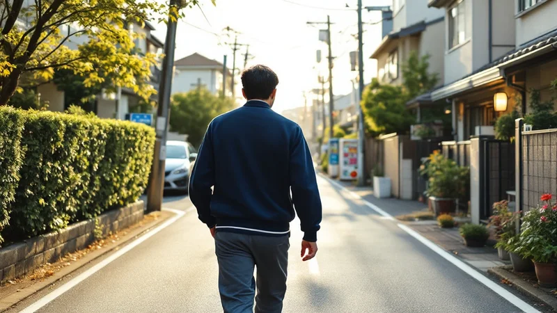 朝日の差す住宅街を、ゆったりした足取りで歩いている40代男性の後ろ姿