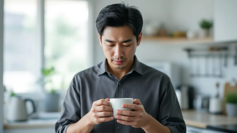 オフィスの給湯室でマグカップを両手で持ち、なんとなくのだるさを感じている40代半ばの男性