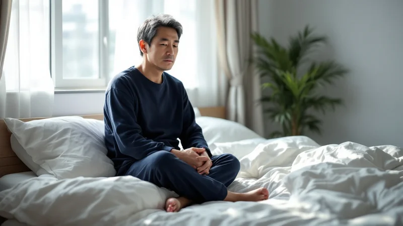 週末の朝、明るい寝室のベッドに腰かけ、寝すぎた重さを抱えている40代後半の男性