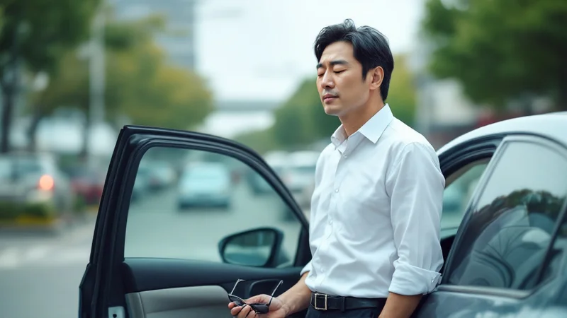 駐車場で運転席のドアの横に立ち止まり、目を閉じて発作をやり過ごす40代半ばの男性