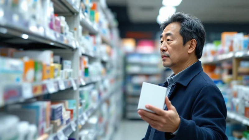 ドラッグストアの棚の前で、手に取った薬の箱を見ながら迷っている40代後半の男性