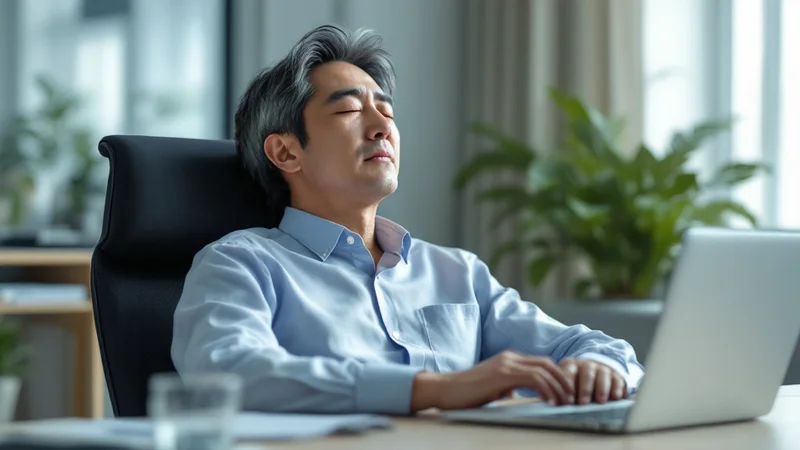 オフィスの椅子にもたれて目を閉じ、痛みが引くのを待っている40代後半の男性