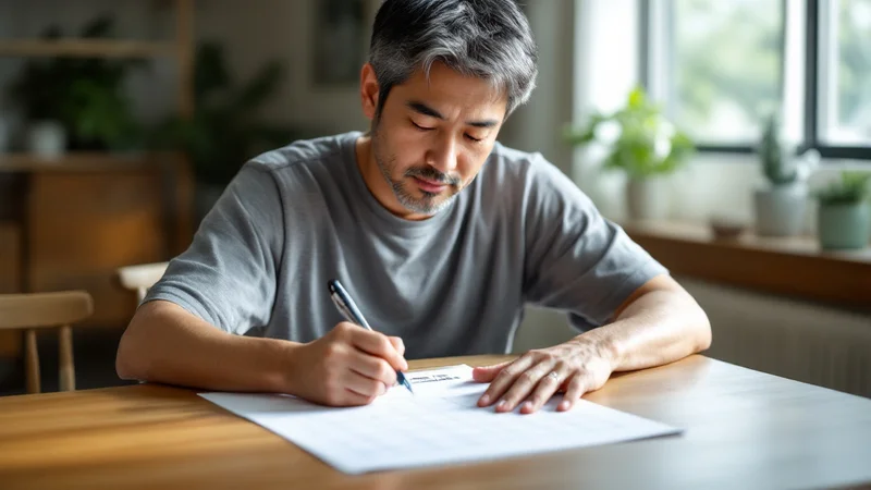 ダイニングテーブルで用紙にペンで書き込み、記録をつけている40代後半の男性