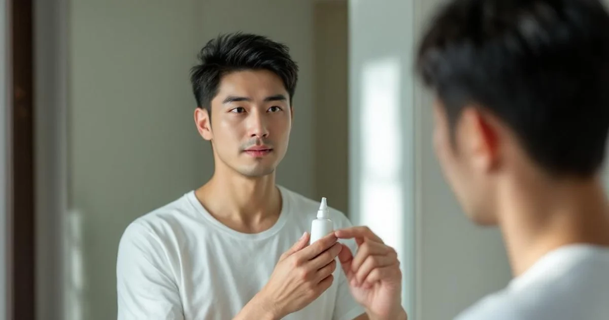 洗面台で育毛剤のボトルを手にしながら鏡を見つめる40代日本人男性