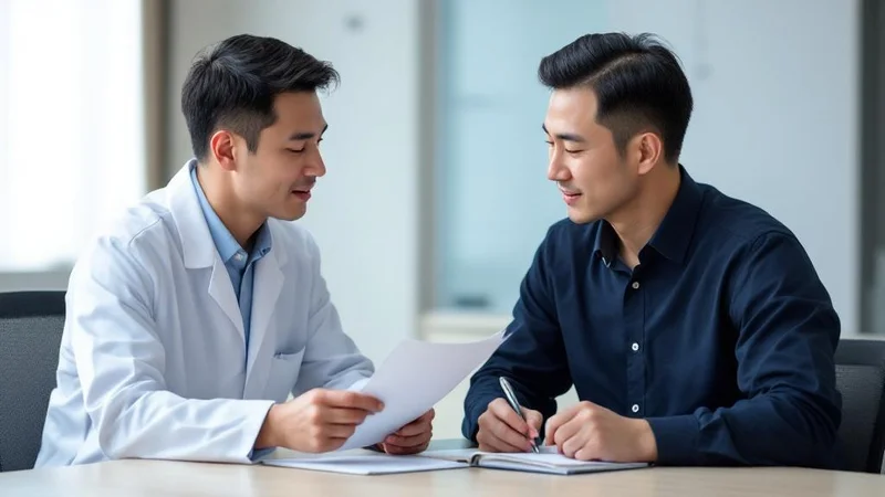 診察室で医師からAGA治療薬の説明を受けメモをとる40代日本人男性