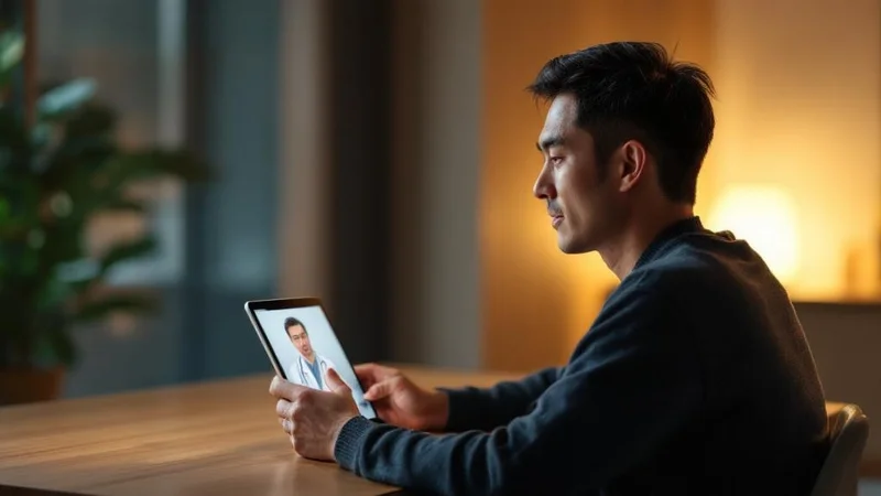 タブレット端末でAGAクリニックのオンライン診療を受ける40代日本人男性