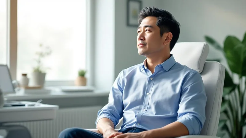 診察室の椅子に座り、窓の外を考え込むように見つめる40代後半の日本人男性