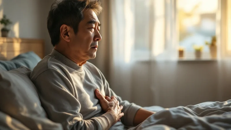 早朝にベッドの端に腰かけ胸を押さえて苦しそうにしている40代の日本人男性。背後の窓から朝日が差し込んでいる